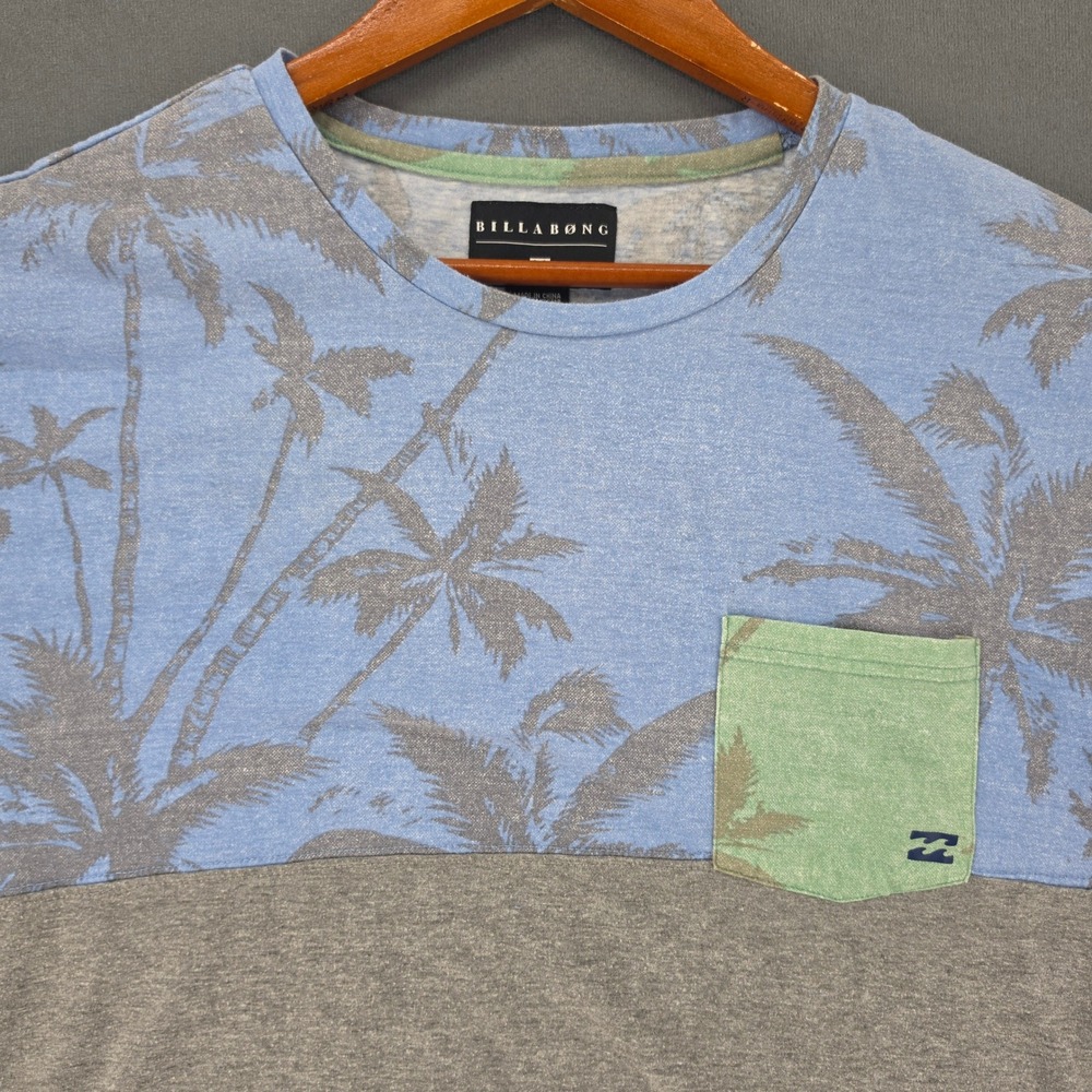 Billabong Mens XL T-Shirt Blue Palm Tree Colorblock Pocket Tee Grey Heather